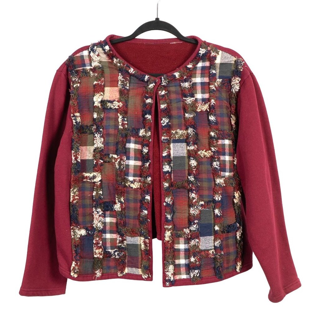Patchwork Plaid Cardigan Sweatshirt L XL Maroon Blue Green Edges 90s Mom Gramma